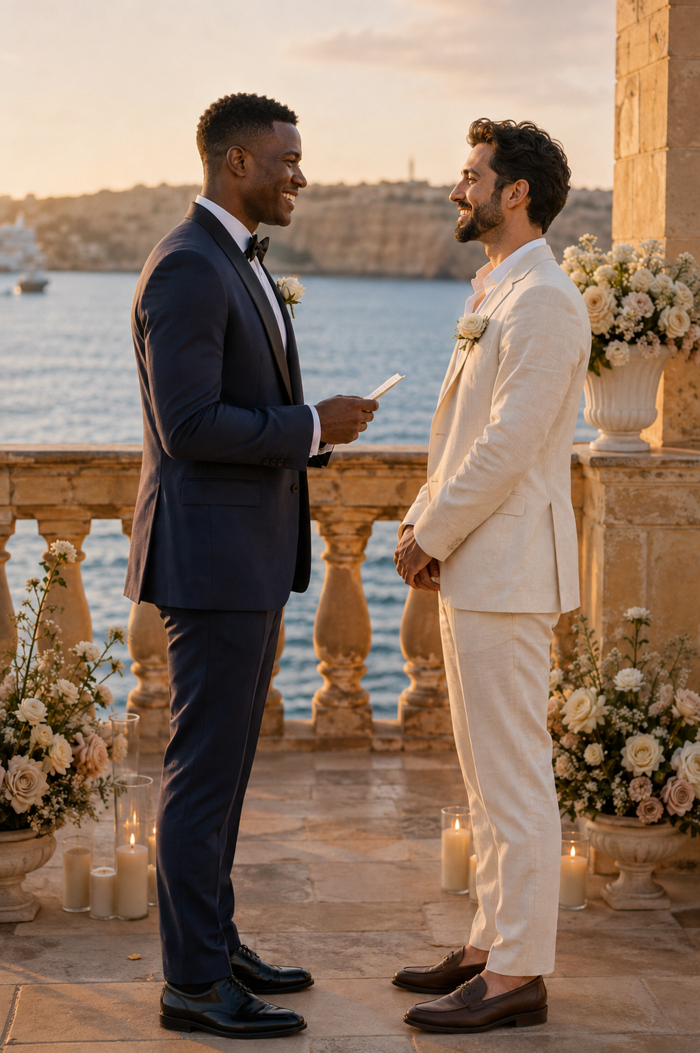 Two grooms exchanging vows on a private limestone terrace in Malta