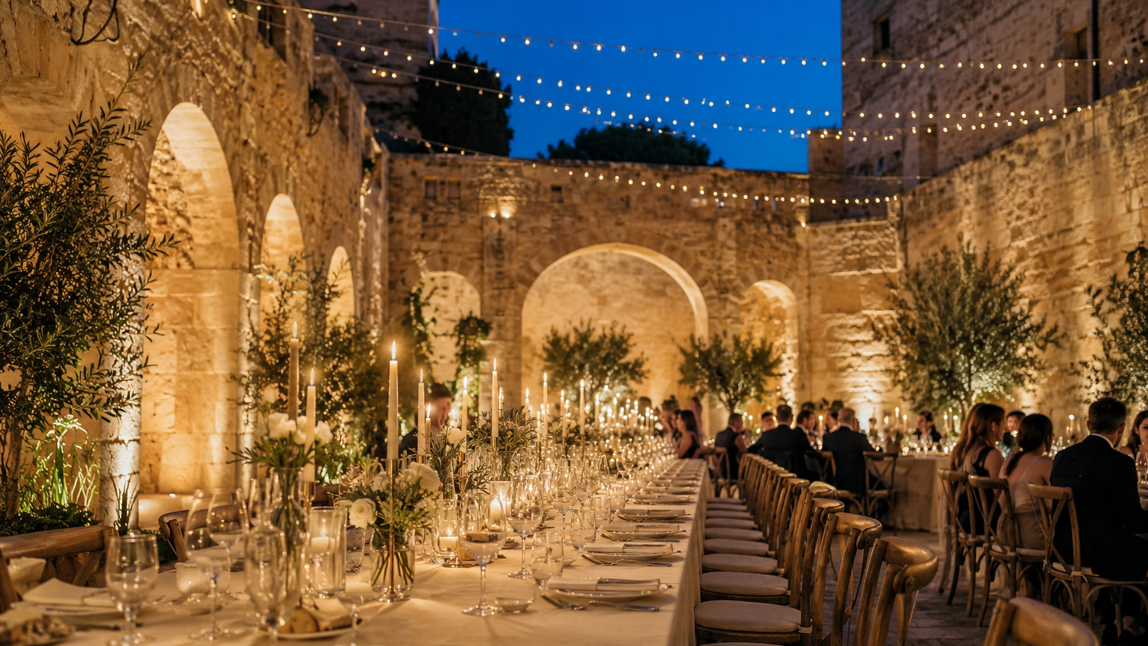 Elegant candlelit wedding dinner in a Maltese limestone courtyard